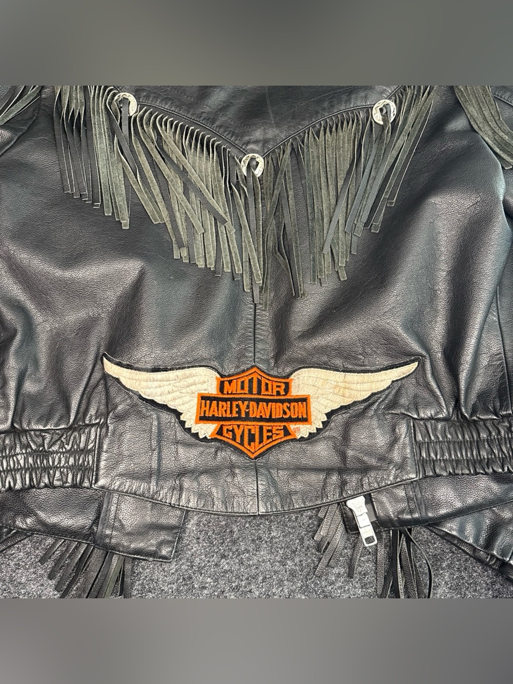 Harley-Davidson-esque Black Leather Fringe Motorcycle Jacket - Picture 3 of 8